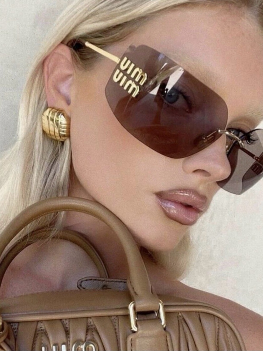 Miu Miu Rimless Shield Sunglasses Miu Miu MU Aube Gold Light Purple Brown